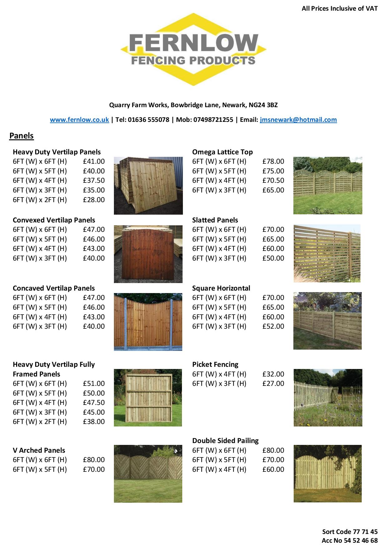 Price Sheets Fernlow Fencing